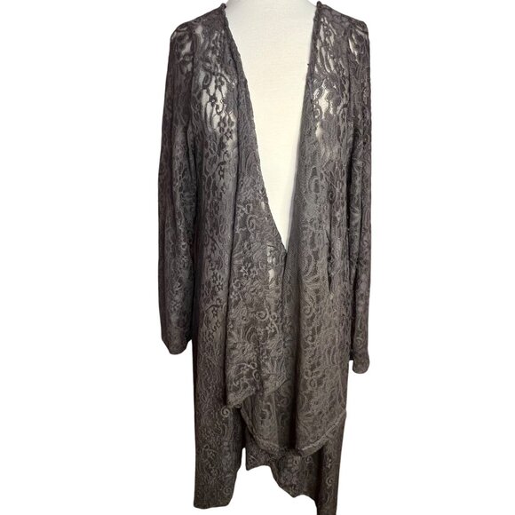 Betsey Boo! 3X Gray Long Sleeve Open Waterfall Front Sheer Lace Cardigan Duster - Picture 2 of 16
